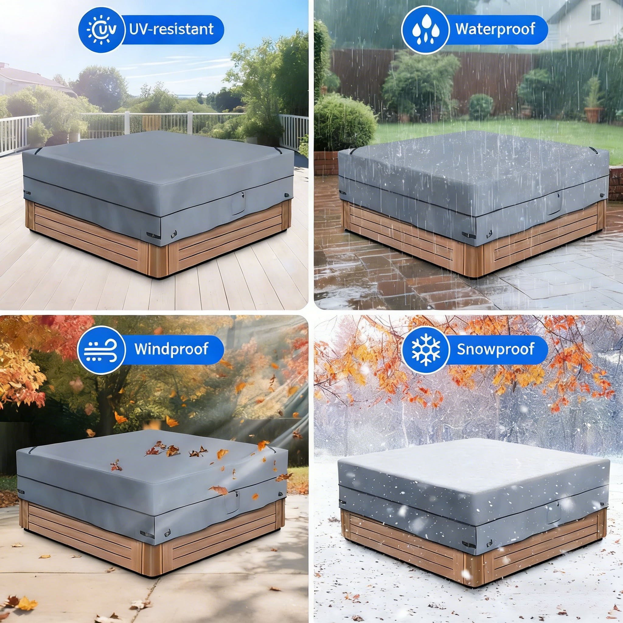Outdoor Square Hot Tub Cover 86"x86", Waterproof & Anti-UV SPA Cover for Hot Tub with Super Windproof Straps, Gray