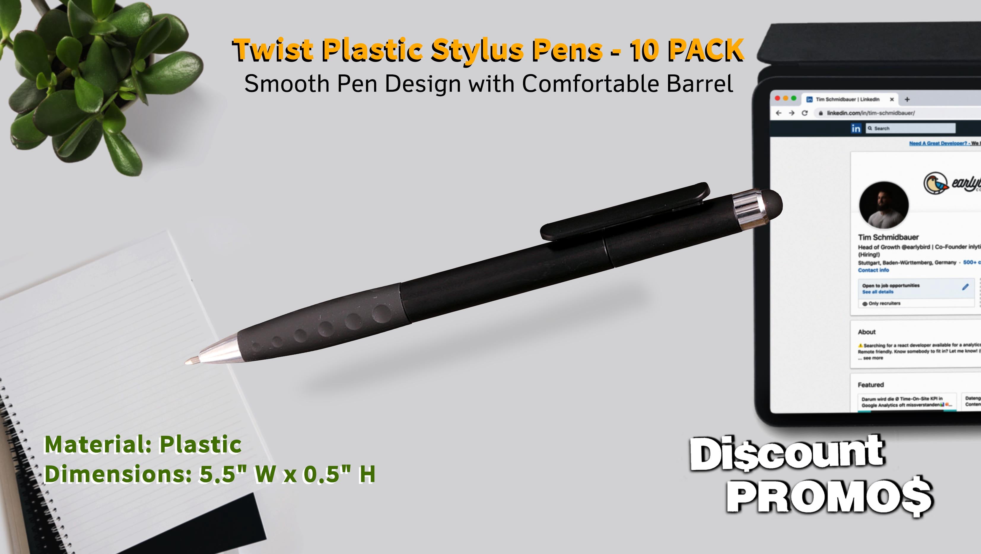 10 Twist Plastic Stylus Pens Pack - Ballpoint, Rubber Grip - Black