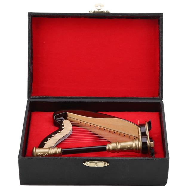 Réplica de arpa en miniatura de madera con estuche de regalo. Modelo de instrumento musical. Regalos y adornos.