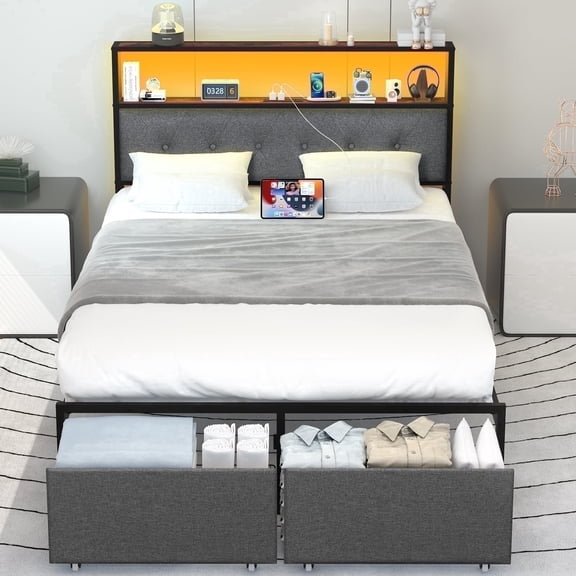 Full Size LED Light Bed Frame with Storage Headboard and USB Ports,Bed Platform with Drawers, RGB Lights