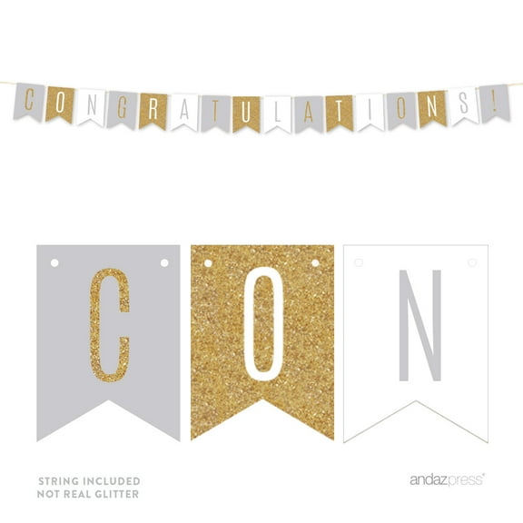 Signature Light Gray, White, Gold Glittering, Hanging Pennant Banner, Congratulations!