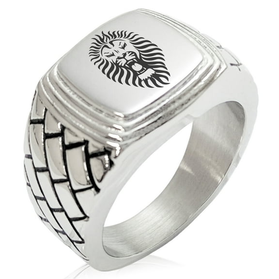 Stainless Steel Pharaoh Lion King Geometric Pattern Step-Down Biker Style Polished Ring