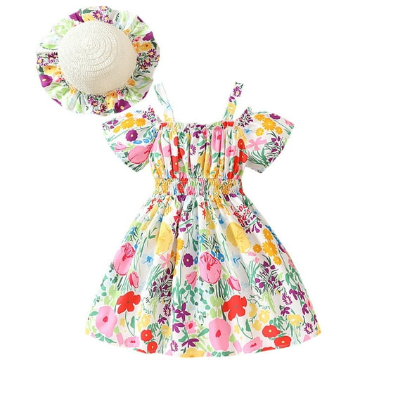 Girls' Dresses 2 Piece Square Neck Sleeveless Ruffled Solid Print Dress And Hat Set for Summer Vacation Girls Dress Yellow 2 Years-3 Years