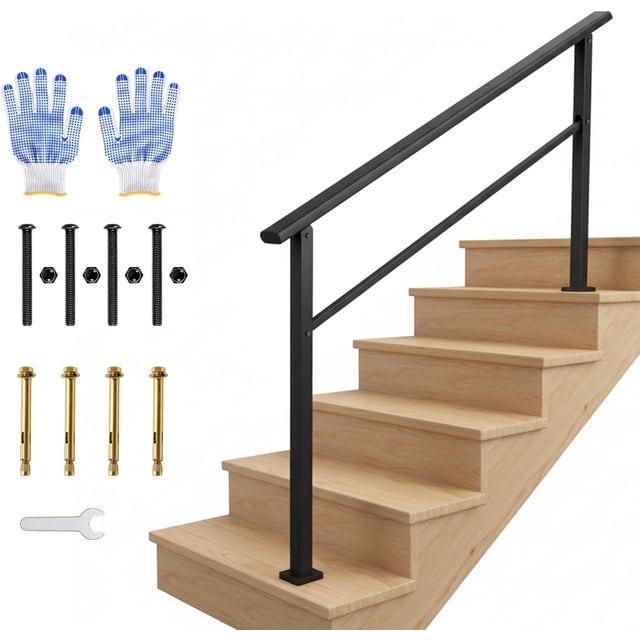 5-Step Outdoor Stair Handrail Kit Black Aluminum and Iron Construction Adjustable 0 -45 Angle Easy DIY Installation with All Hardware and Gloves Included