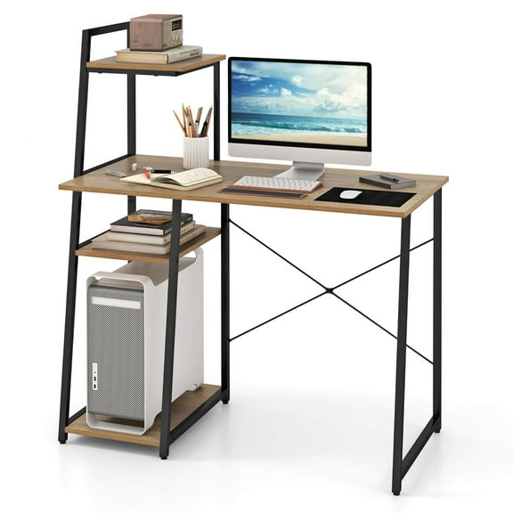 Costway Home Office Desk with Bookshelf Host Stand Metal Frame Study Writing Desk