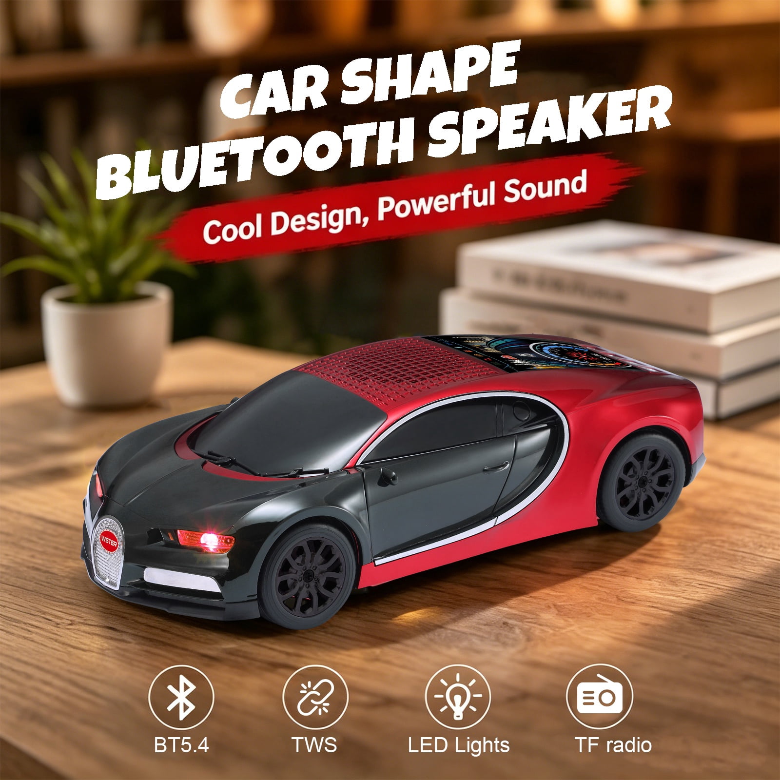 WSTER WS-660 portable Bluetooth speaker is a cool, car-shaped wireless speaker with LED lights, an FM radio, and TF card support.Suitable for desktop decorations/computer use/outdoor use/party use