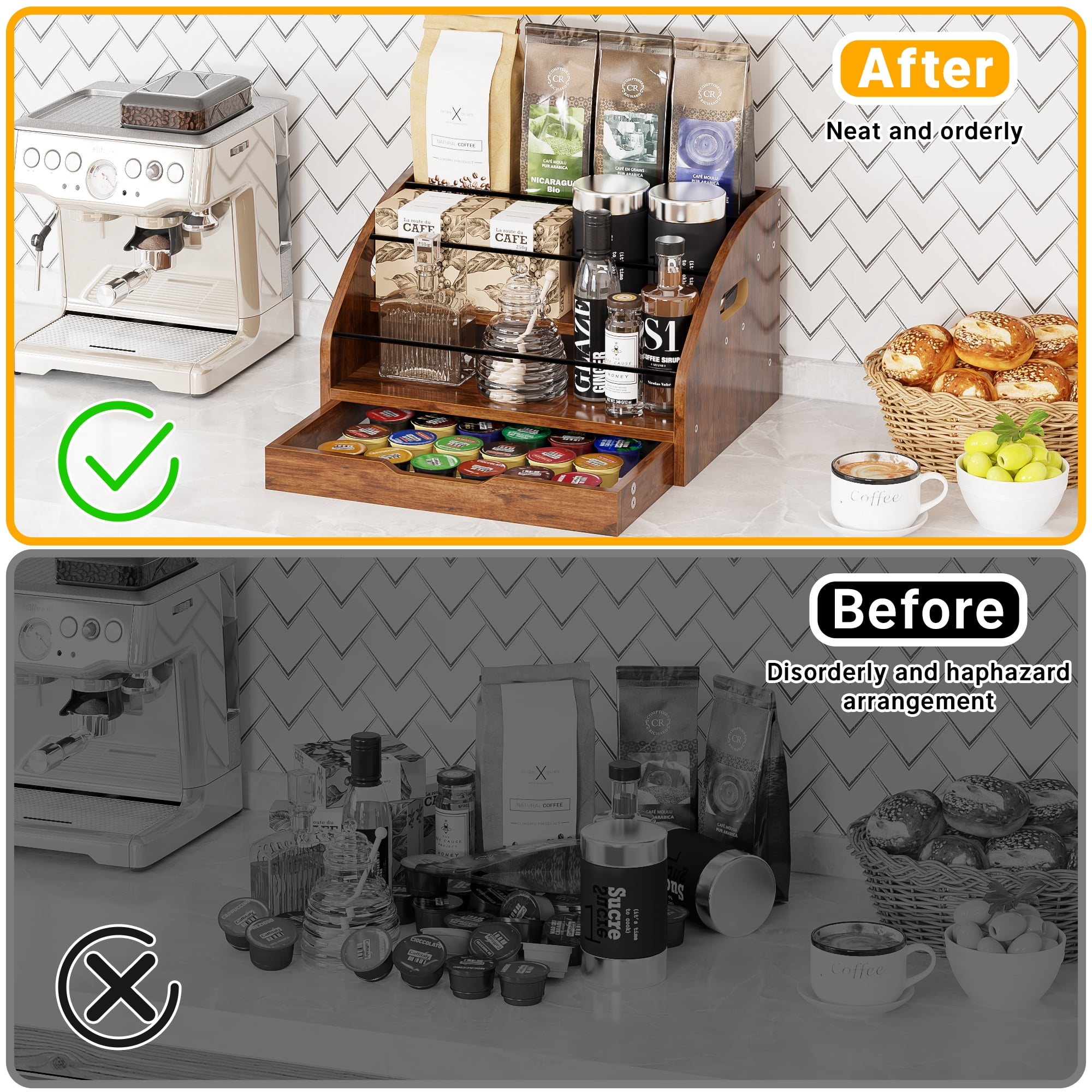 Yoneston 3-Tier Retro Bar Liquor and Wine Rack with Drawer, Wood 3-Step Countertop Coffee Syrup Rack Organizer Bottle Holder for for Liquor Whiskey