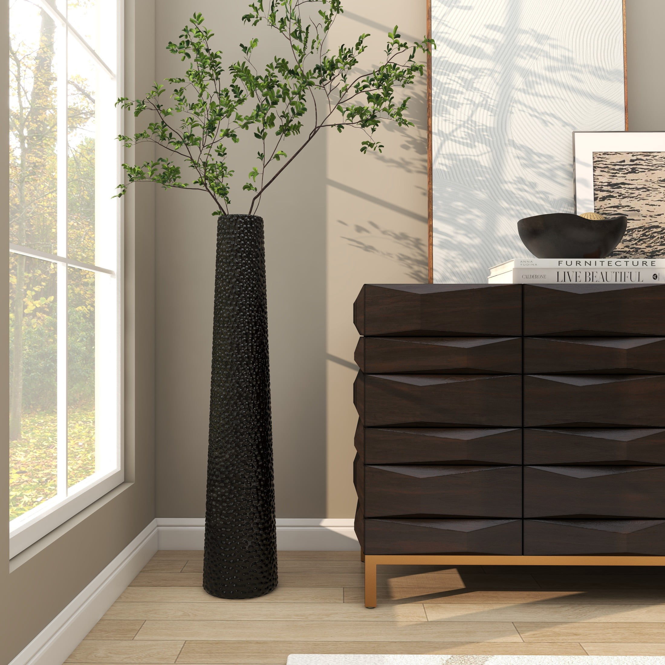 DecMode 39" Tall Black Ceramic Vase with Bubble Texture