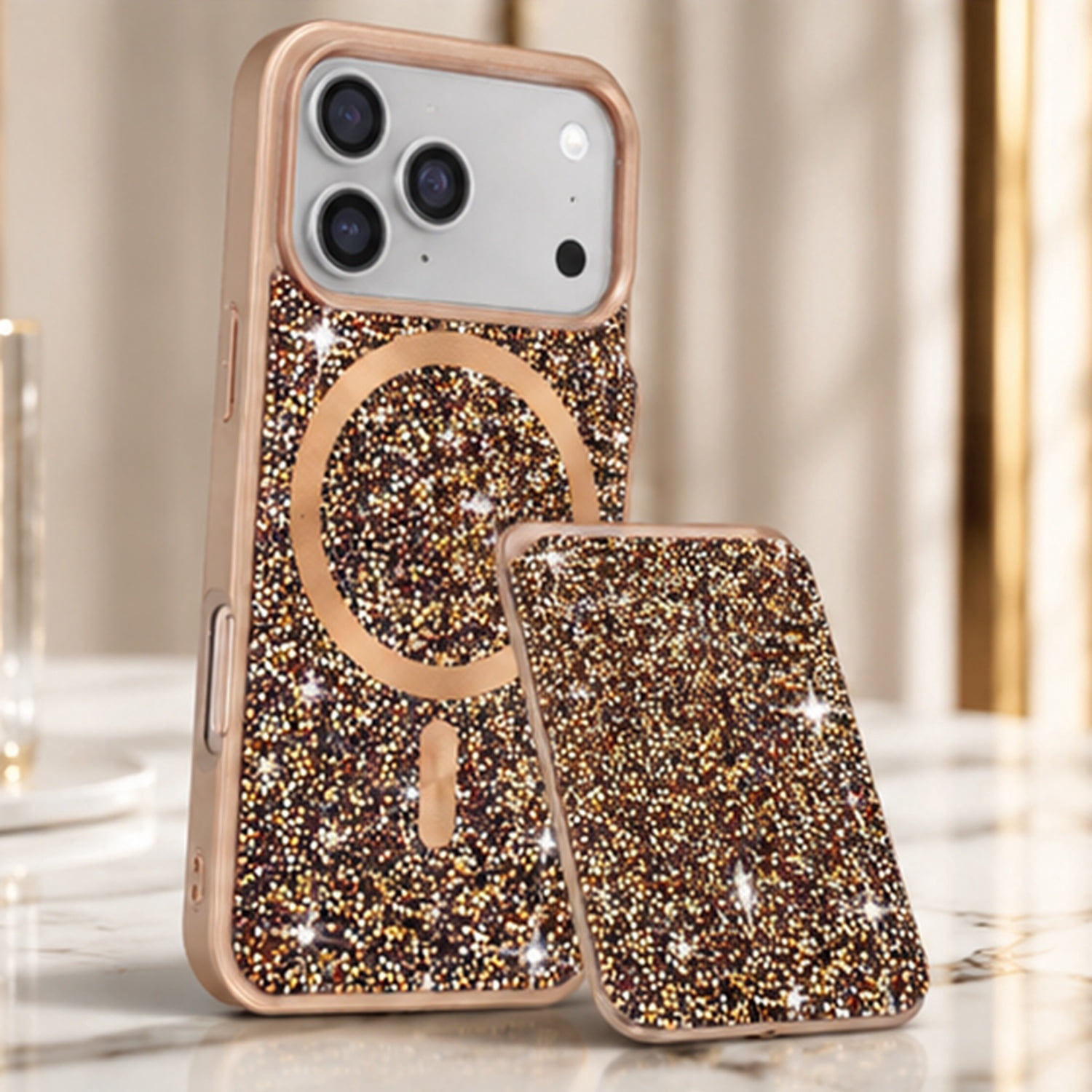 Magnetic Dual-Layer Diamond Protection Case with Wallet Slot for iPhone 17 Pro Max - Gold