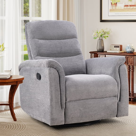 Ebello Manual Fabric Swivel Rocker Recliner, Silent Nursery Glider Chair with Soft Armrests & Backrest for Bedroom Apartment Living Room, Gray