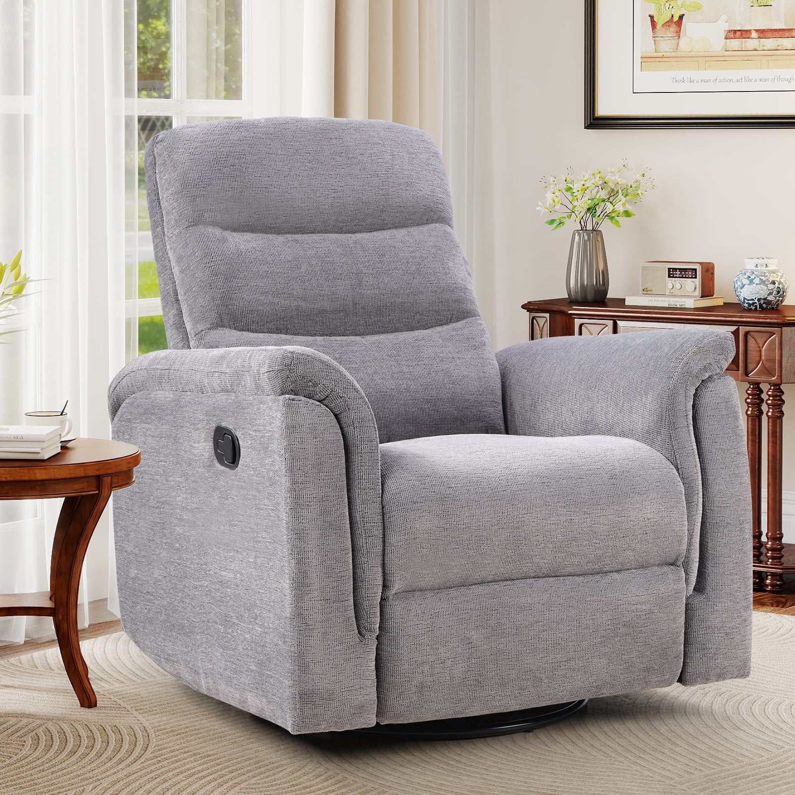 Ebello Manual Fabric Swivel Rocker Recliner, Silent Nursery Glider Chair with Soft Armrests & Backrest for Bedroom Apartment Living Room, Gray