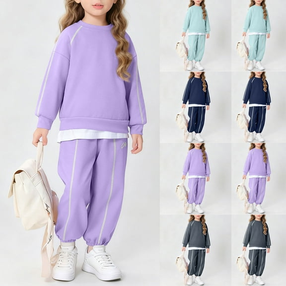 Piuwrlz Girls 2pcs Jogger Set Kids Sweatsuits Sets Pocket Plush Round Neck Sweats and Sweatpants Purple Size 13 Years