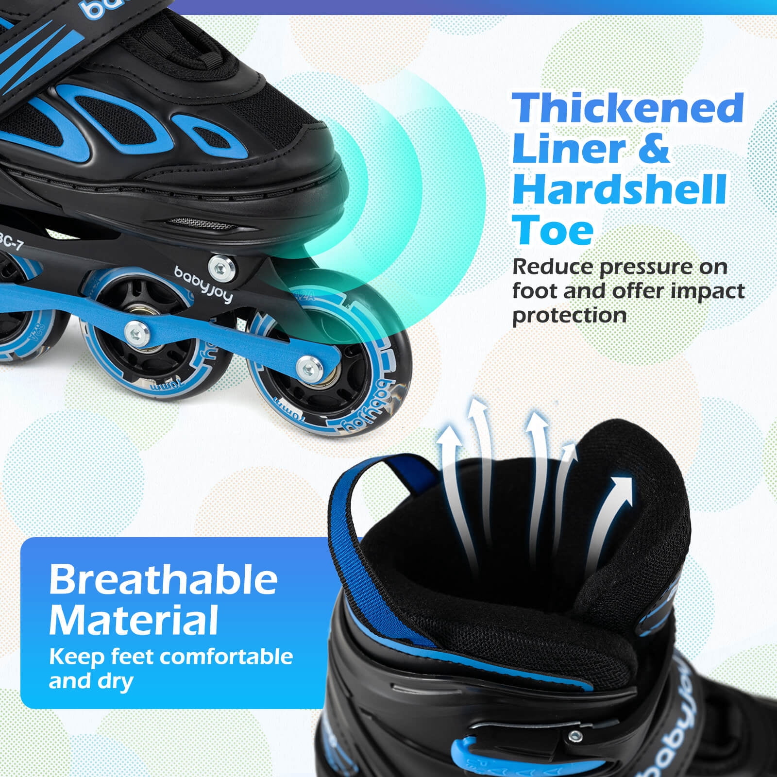 Babyjoy Adjustable Kids’ Inline Skates Ages 7-9 4 Sizes Adjustable Blade Roller with Light-up Wheels Black & Blue