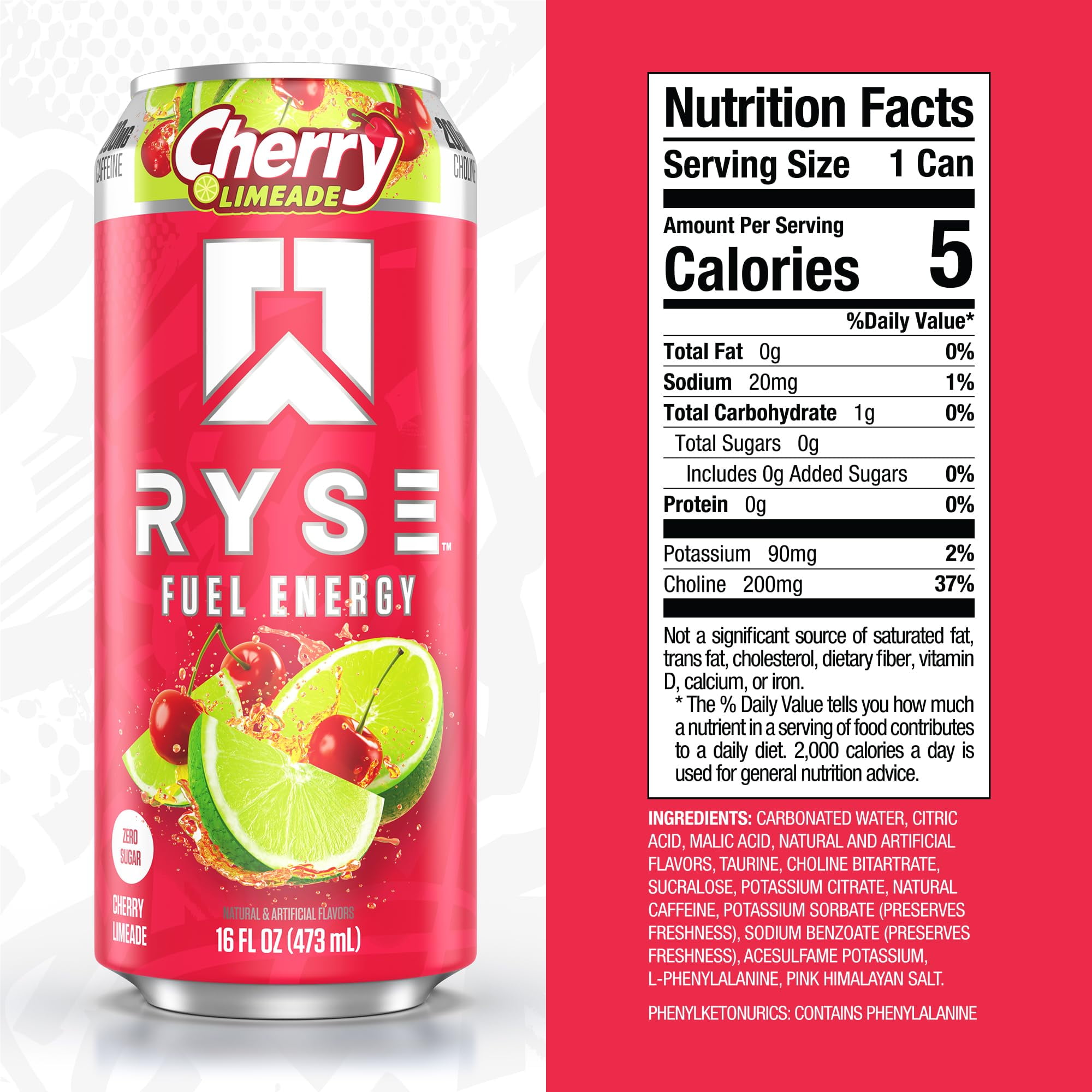 RYSE Fuel Energy Drink - Cherry Limeade - Sugar Free - 16 fl oz (12-Pack)