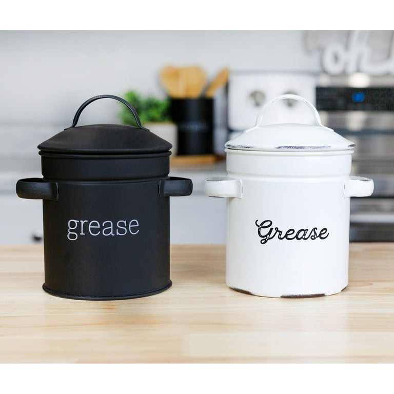 AuldHome Design-26oz Enamelware Grease Container with Strainer Black