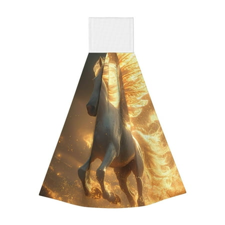 

Qekee Golden Winged White Horse Print Hanging Kitchen Towels Coral Velvet Wipe Hand Towel Absorbent Hand Towels Microfiber Tie Towel for Bathroom Kitchen Decor