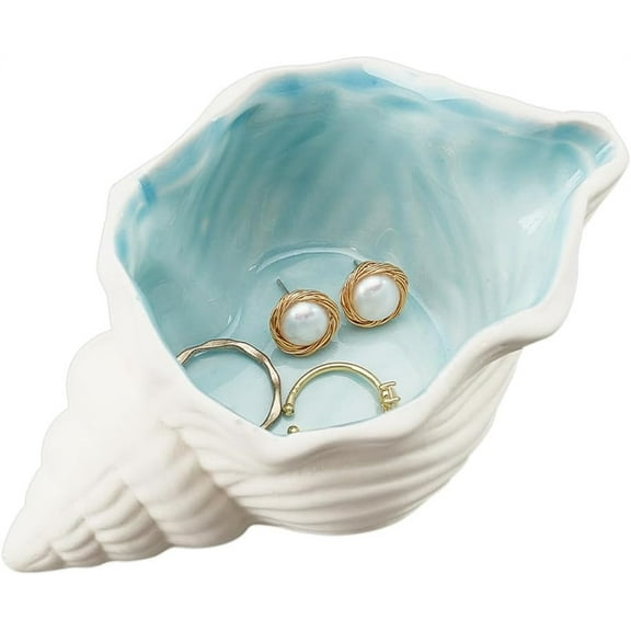 Conch Shape Ceramic Jewelry Tray, NOGIS Aqua Shell Trinket Dish Ceramic Ring Earring Holder Ocean-themed Decorative Trinket Plate for Rings Earrings Necklaces Bracelet Jewelry Watch Keys