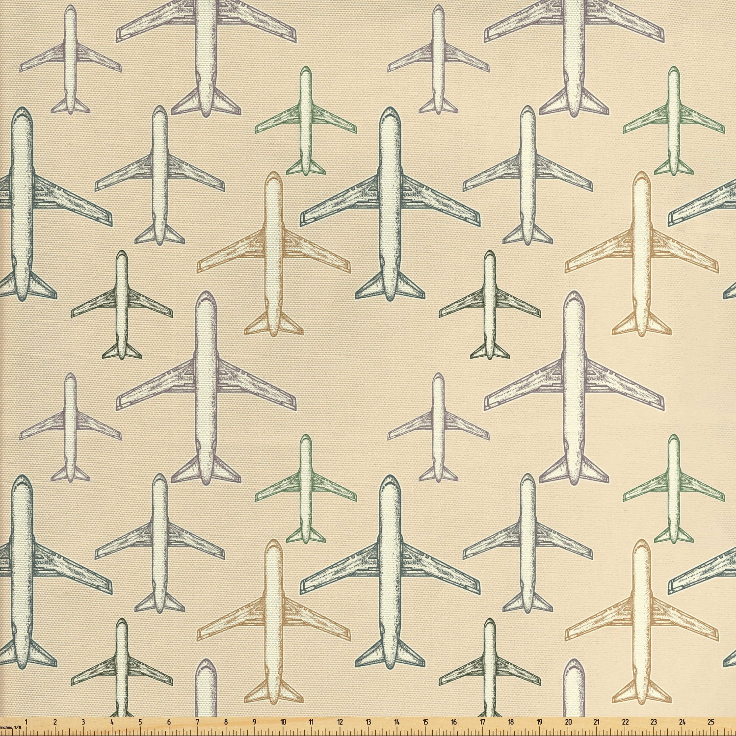 Vintage Airplane Fabric by The Yard, Transportation Vacation Themed Hand Drawn Commercial