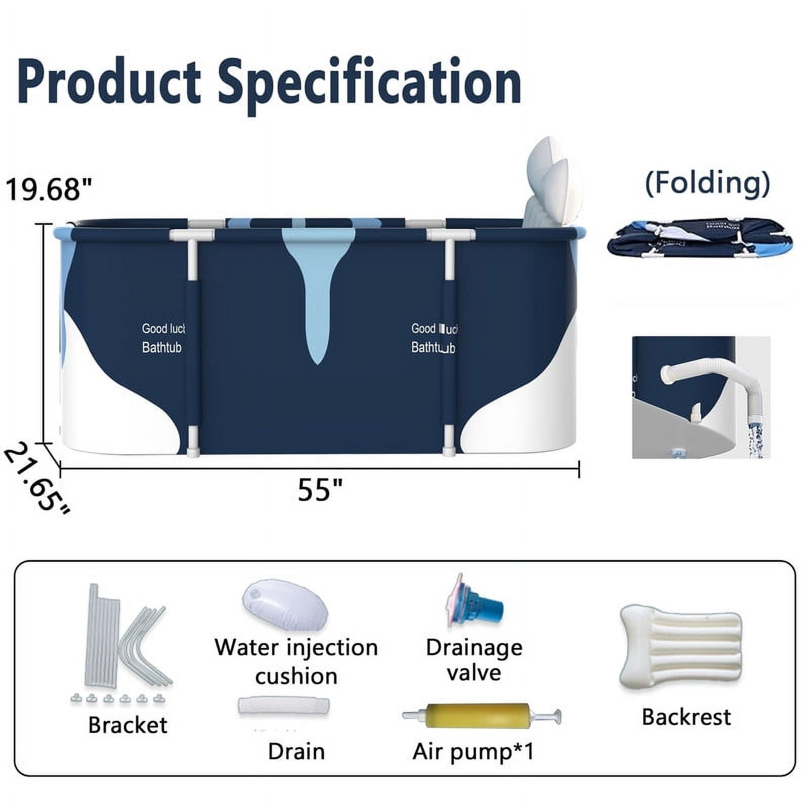 RICHYOUNG 55"Large Foldable Bathtub for Adult Kids, Portable Family Bath Tub for Ice Hot Bath(Blue)
