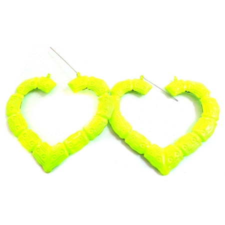Large Bamboo Heart Hoop Earrings Neon Yellow Hoops 3.5 inch