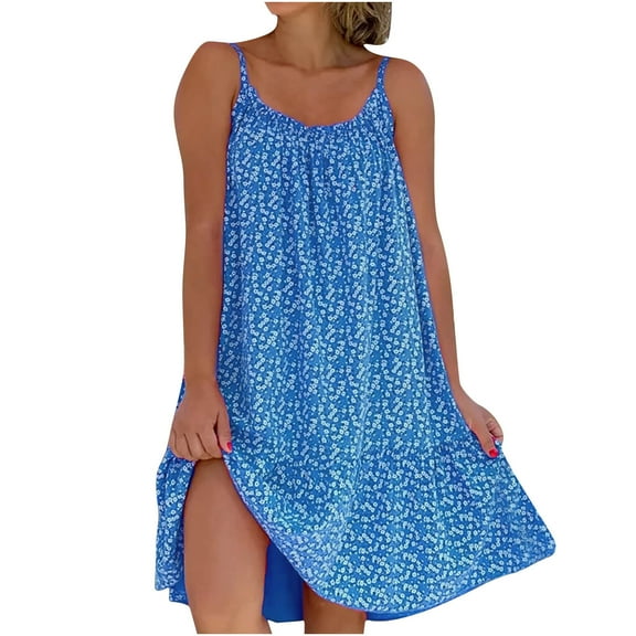 Summer Saving Wycnly Womens Dresses Beach Boho Loose Swing Spaghetti Strap Short Sun Dresses Fashion Floral Print Round Neck Sleeveless Mini Summer Dress Blue xxl