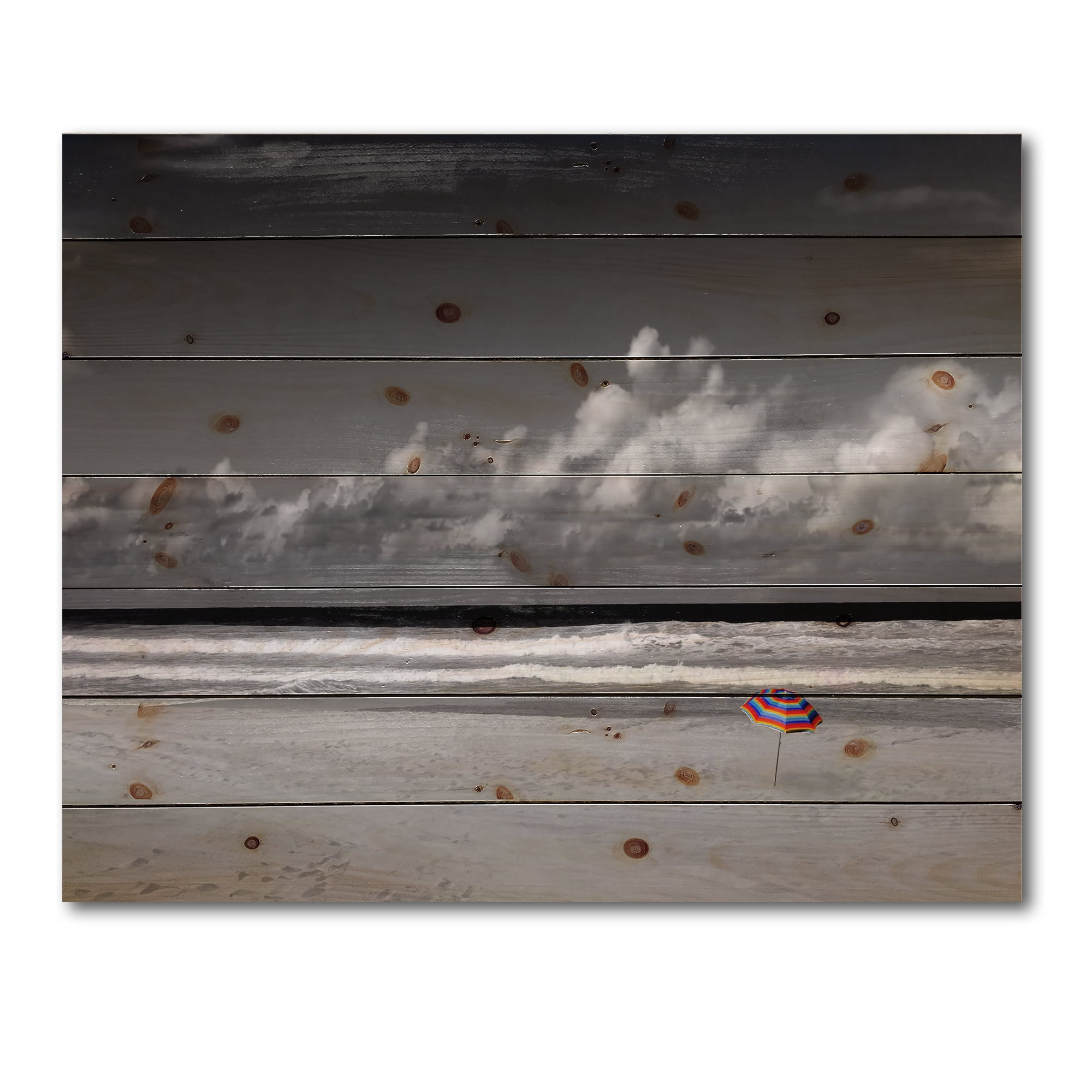 Designart 'Black and White Coastline Under Cloudy Sky' Lake House Print on Natural Pine Wood