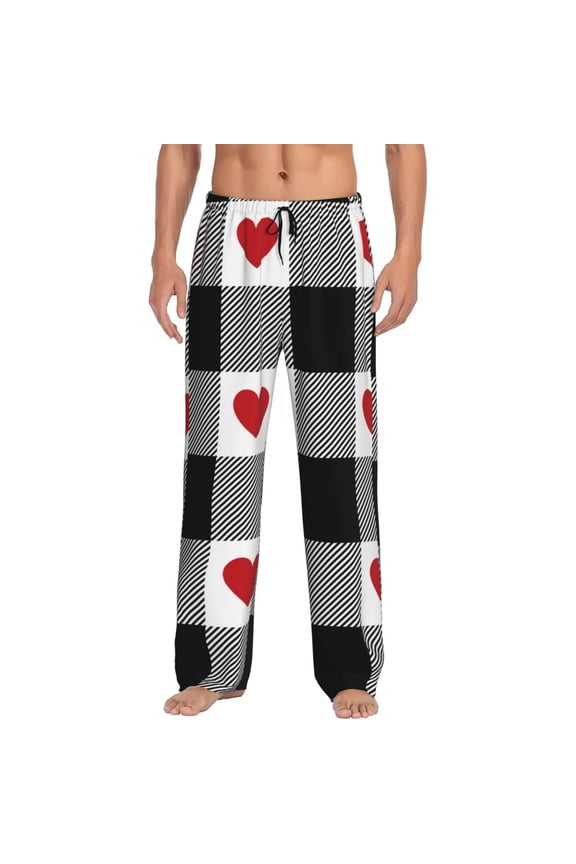 Heart Black Buffalo Plaid Gingham Print Mens Pajama Pants Sleep & Lounge Pants, PJ Bottoms With elastic waistb and Pockets