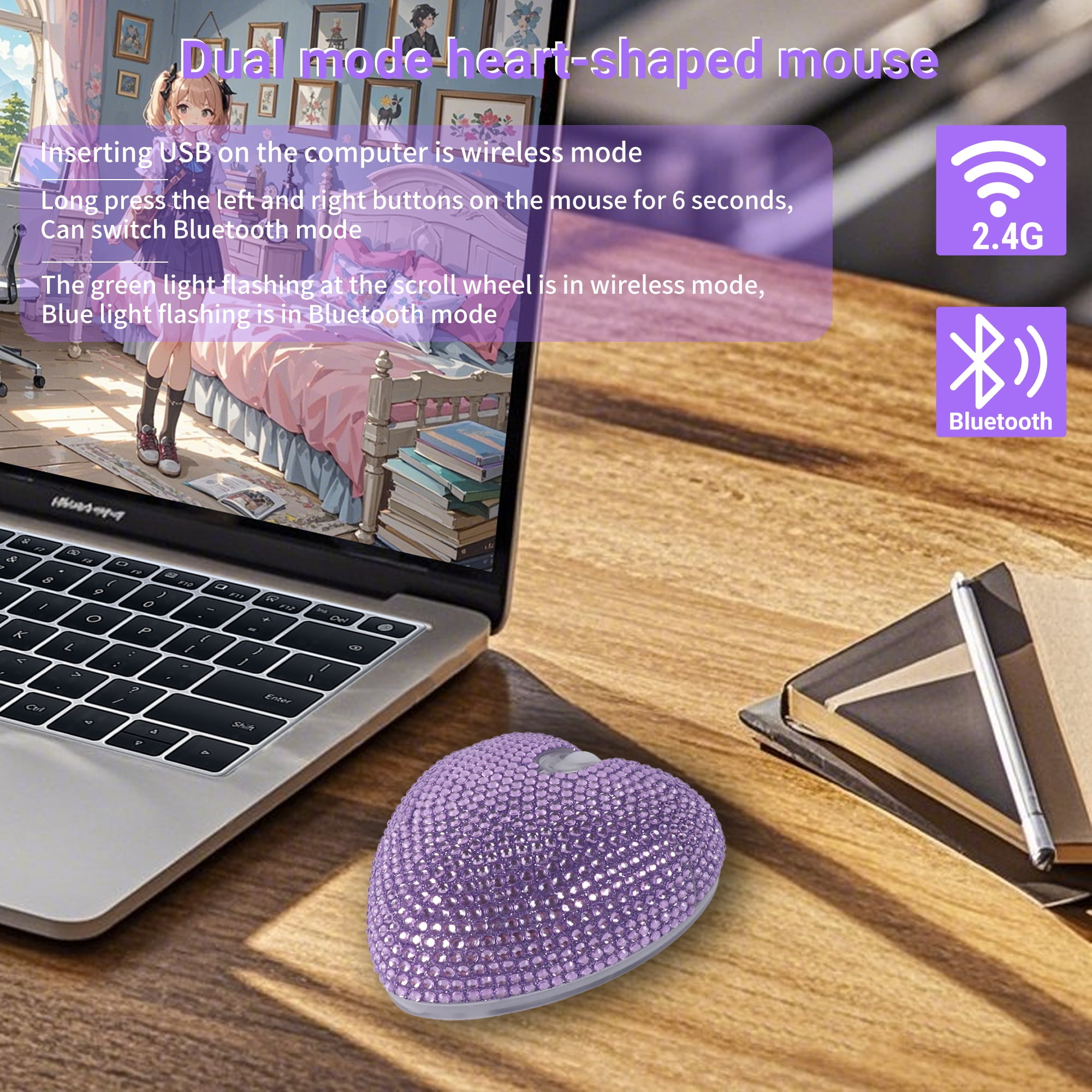 Dpisuuk Wireless Mouse Bluetooth Cute Bling Crystal Rhinestone Purple Heart Shape Computer Mice with LED Light 2.4GHz & Bluetooth Rechargeable USB Cordless Mouse for Laptop PC Tablet Gift