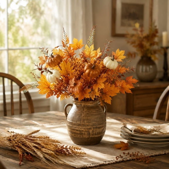 Artificial Pumpkin Branches Fall Leaves Mini Pumpkin Picks Thanksgiving Decor Faux Floral Stems Vase Filler Home Table Centerpiece Decoration Halloween Autumn Party Ornament