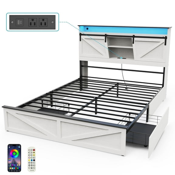Wood Queen Bed Frame with Headboard & Storage Shelf, Holaki Farmhouse Queen Size Platform Bed Frame with 2 Drawers, Charging Station & LED Lights, Headboard with Sliding Barn Door, White