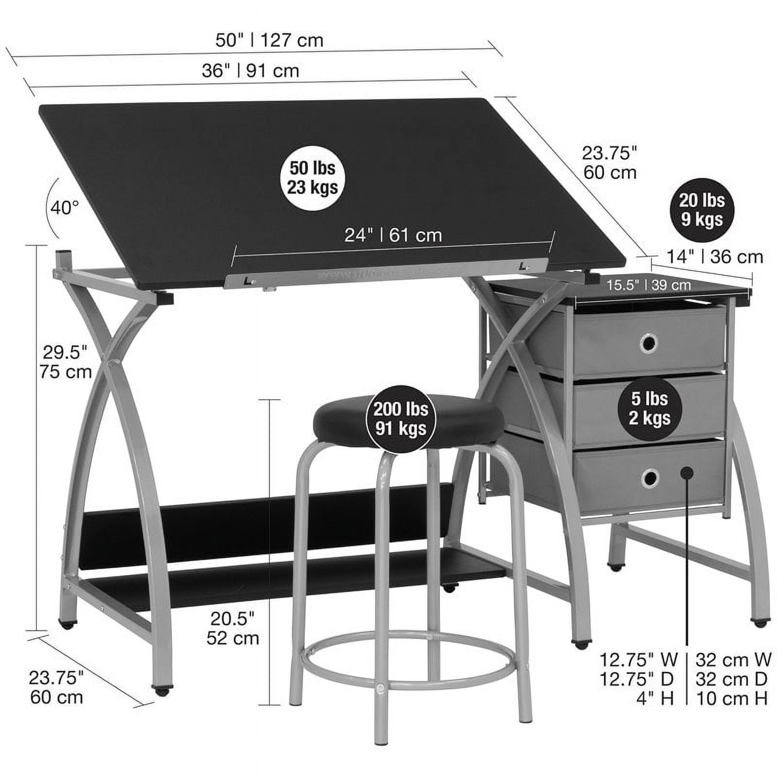Comet Center Plus Drawing Table with Padded Stool 2 Piece Set Silver & Black