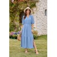 thumbnail image 4 of Womens Floral Maxi Dress: Casual Short Sleeve V Neck Button Elastic Waist Slit A Line Tiered Dresses with Pockets, 4 of 7