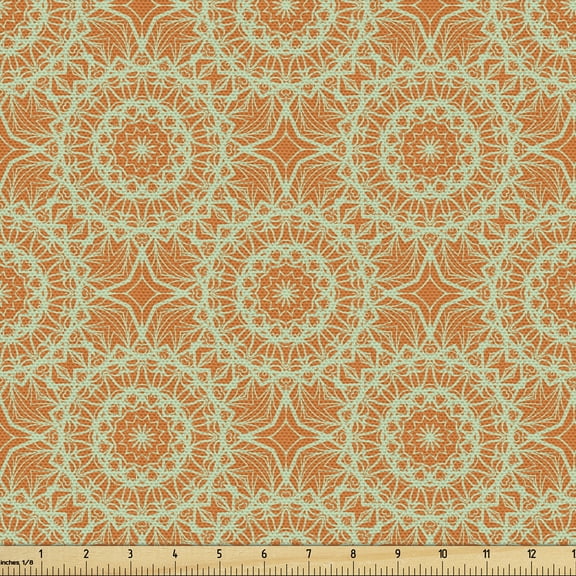 Mandala Sofa Upholstery Fabric by the Yard, Oriental Style Bicolour Nostalgic Classic Sun Like Shapes Geometric Art, Decorative Fabric for DIY and Home Accents, Dark Orange Mint Green by Ambesonne