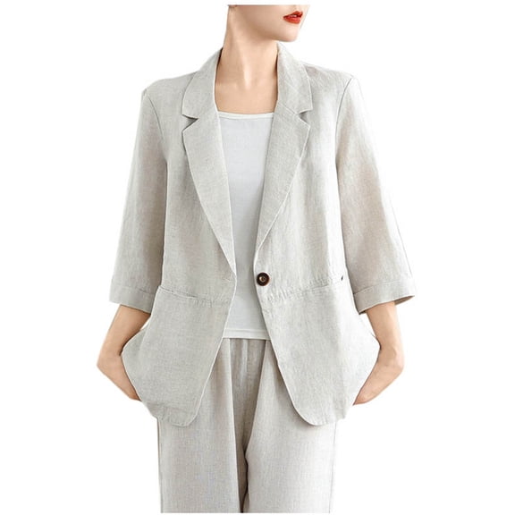 XPMWRP Women's Cotton Linen Blazer 3/4 Sleeve Lightweight Business Casual Shirts Solid Color Jackets Dressy Button Collared Tops Beige M