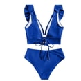 thumbnail image 3 of MGDXOX Women's Cute Ruffle Vneck Bikini Set Summer Beach Two Piece Swimsuit Tie Back Bathing Suit Cruise Outfits Blue L, 3 of 5
