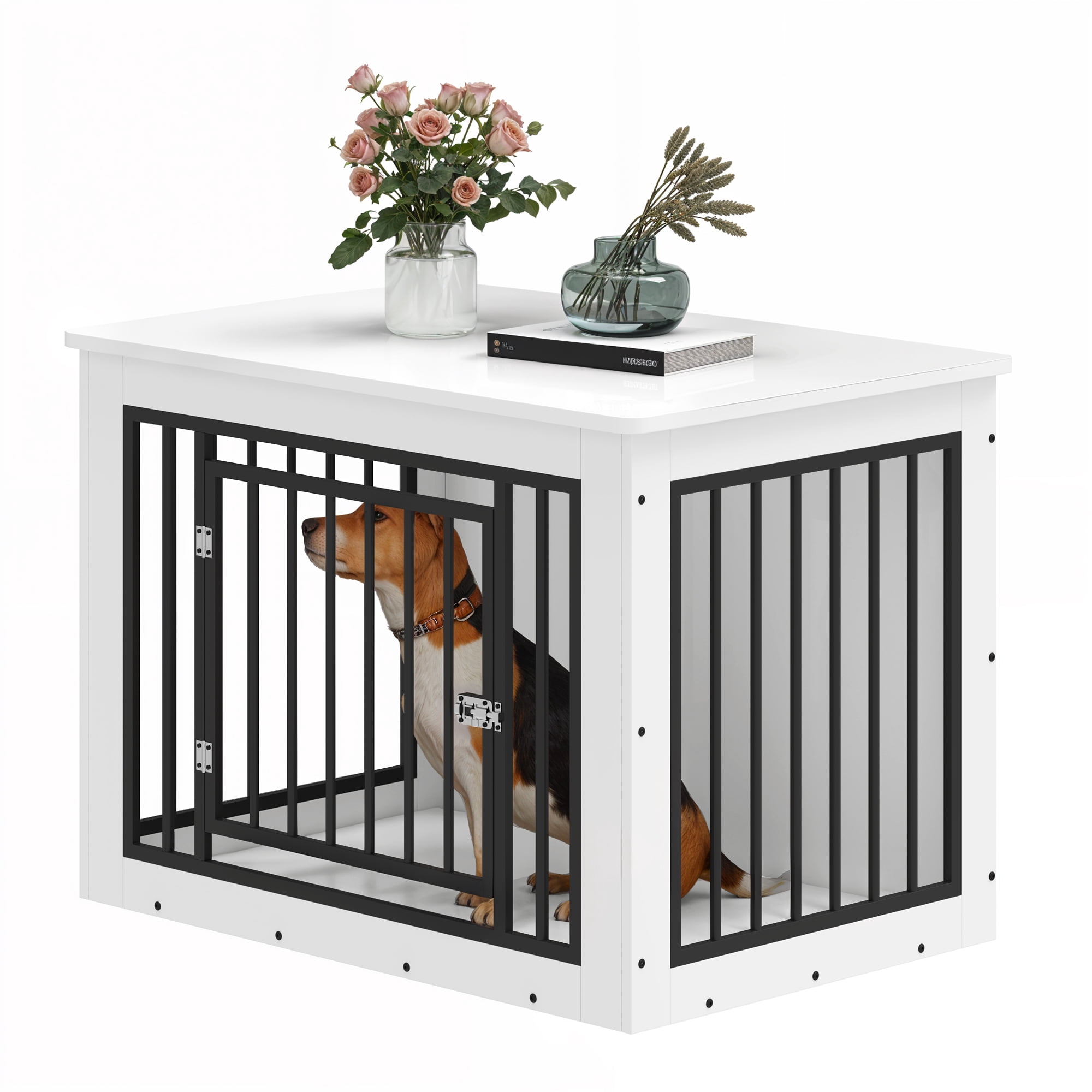 Uforic 38" Wooden Indoor Dog Kennel with Chew Resistant Metal Frame, with Waterproof Top & Rounded Corners for Indoor Use, White