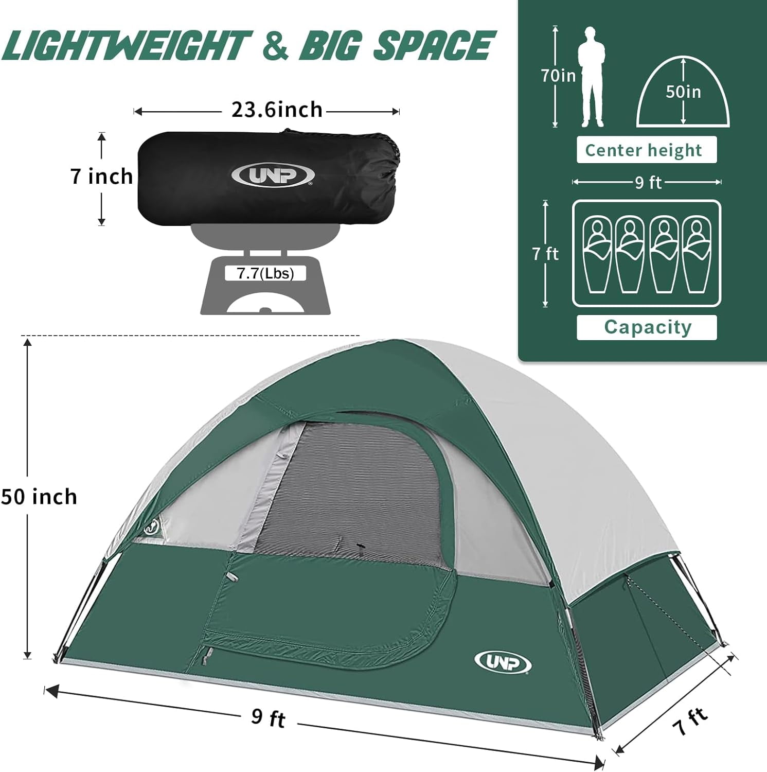 UNP Camping Tent 4 Person, Waterproof Windproof Tent with Rainfly Easy Set up-Portable Dome Tents for Camping