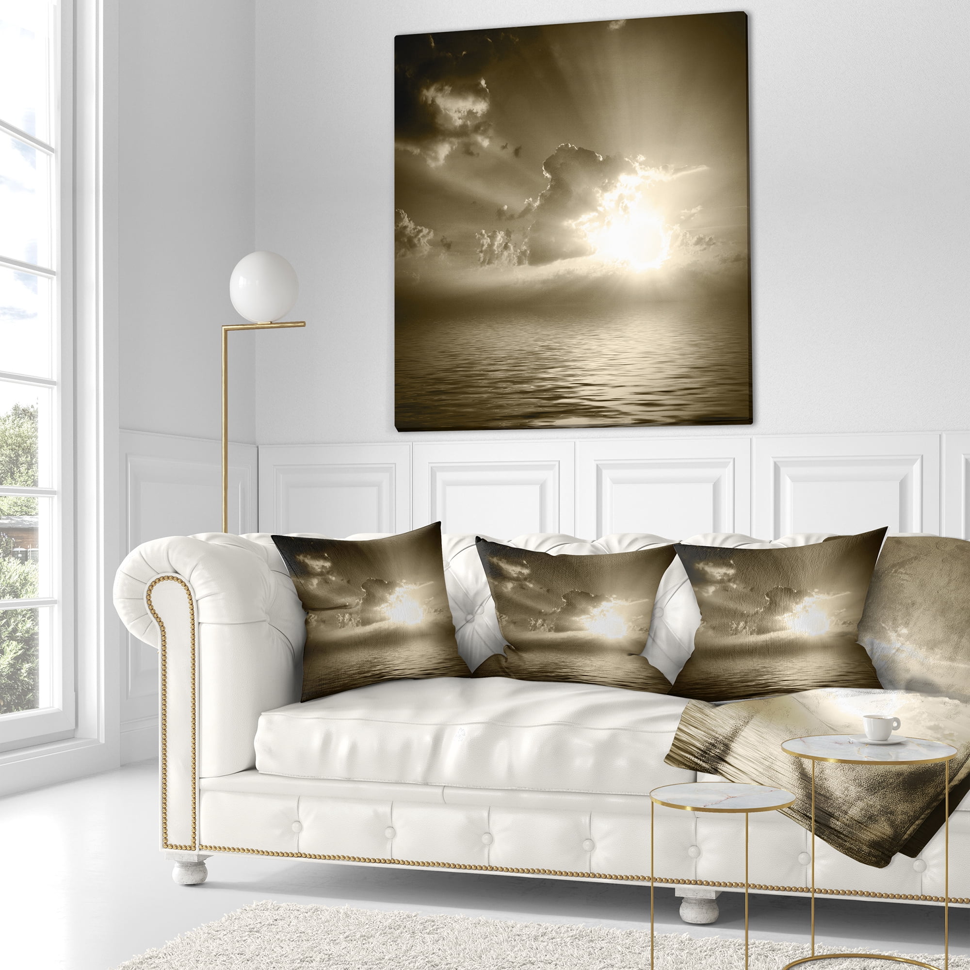 Designart Sepia Toned Cloudy Sunrise - Landscape Printed Throw Pillow - 16x16