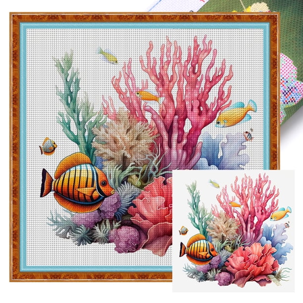 Hilo Algodón Ecológico Bordado Punto Cruz Coral Fondo Marino Impreso 14CT 40x40cm