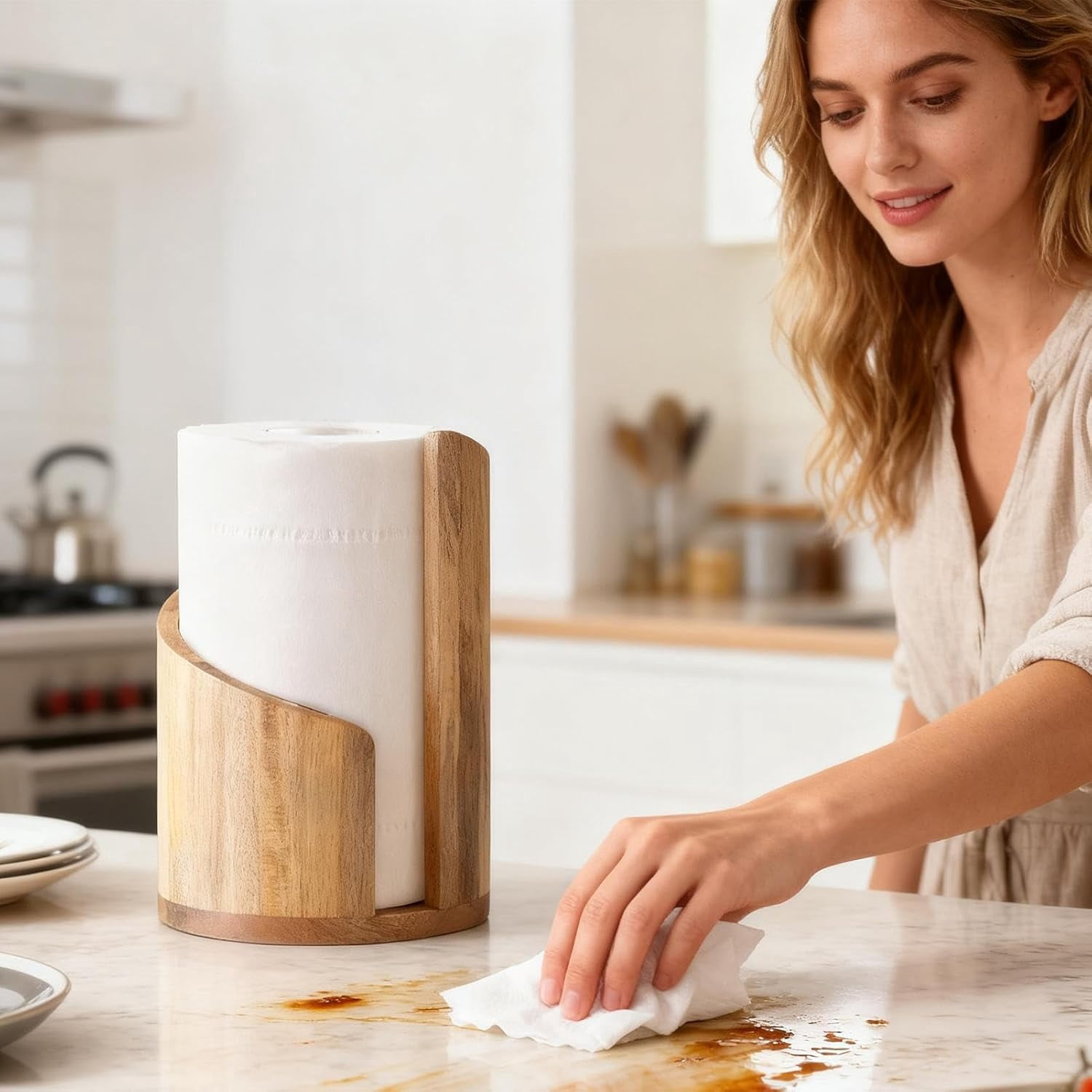 Mountain Design Countertop Paper Towel Holder – Mango Wood Round Base & Iron Roll Stand, Decorative Kitchen Dining Table Organizer for Home