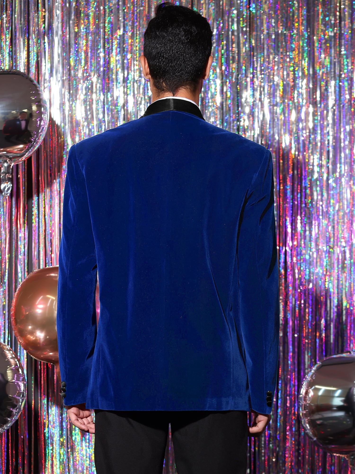 Unique Bargains Men's Slim Fit Shawl Lapel One Button Wedding Velvet Tuxedo Blazer L Blue