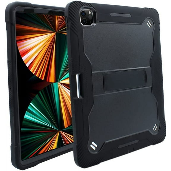 KIQ iPad Pro 12.9 Case, Heavy Duty Guardian Protection Kick Stand for Apple iPad Pro 12.9 5th Gen 2021 [Guardian Black Black]