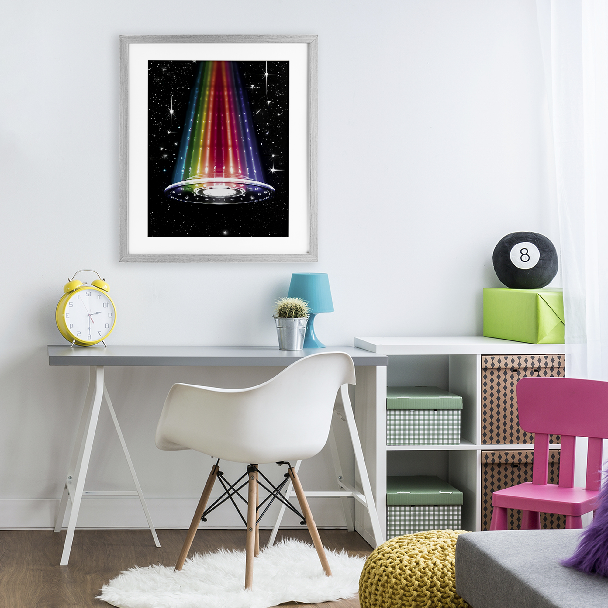 Rainbow Galaxy UFO Gray Framed Print Under Glass, design by Sasha