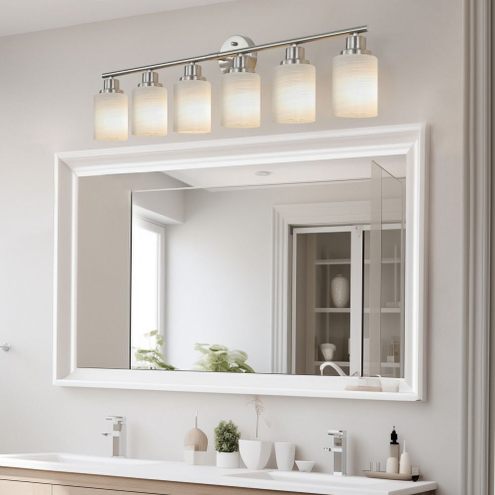 ACE-LIGHTS,Modern 6-Lights Vanity Bathroom Mirror Light with Frosted White Glass(Bulbs Not Included),Contemporary Wall Sconce for Bathroom,Dressing Room,Bedroom,Living Room(Brushed Nickel)
