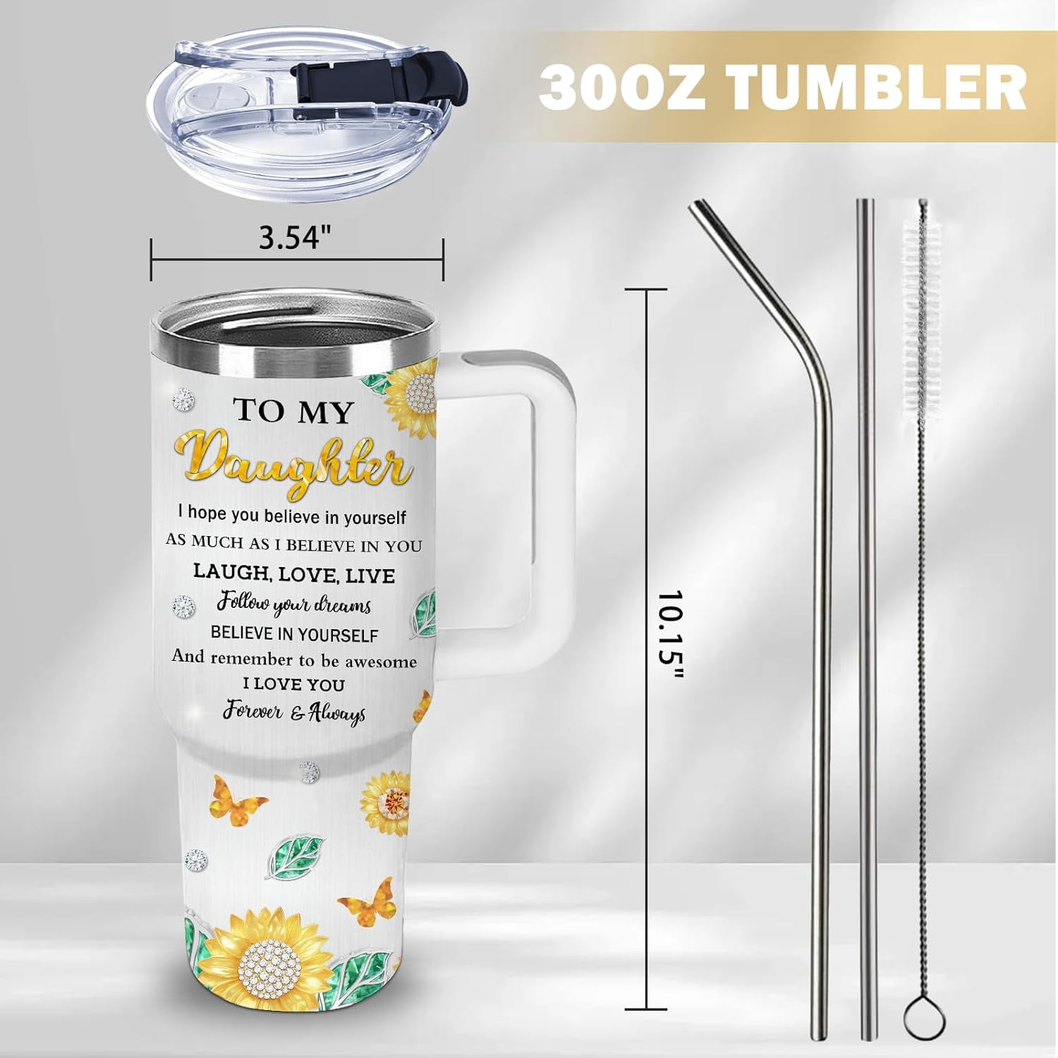 Sunflower Gifts for Daughter - 30oz Daughter Tumbler with Handle and Straws Stainless Steel Insulated Travel Water Cups, Leak-Proof Yellow Sunflower Themed Cups for Daughters Birthday Christmas Gifts