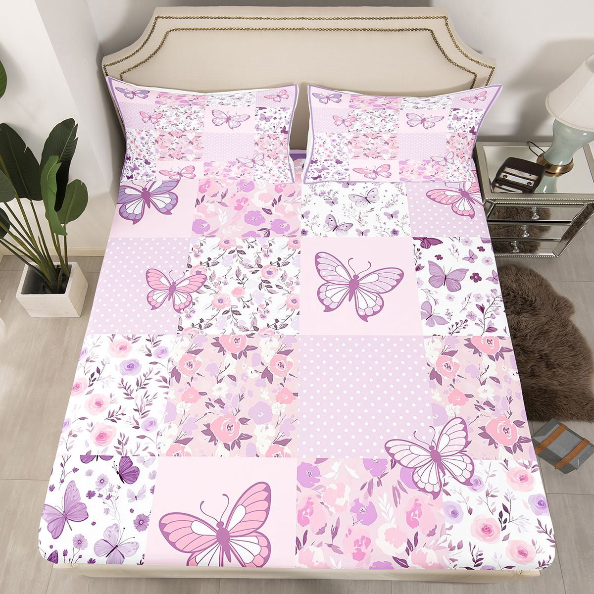 Homewish Butterfly Printed Twin Sheet Sets,Rustic Flower Floral Twin Fitted Sheet,Purple Pink Flat Sheet For Girl Kids,Luxury Bedroom Decor,3 Pieces