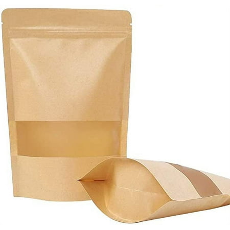 50 Kraft Stand Up Pouches With Ziplock & Window - Resealable Food Bags For Coffee, Cookies, Snacks (7x12 In)