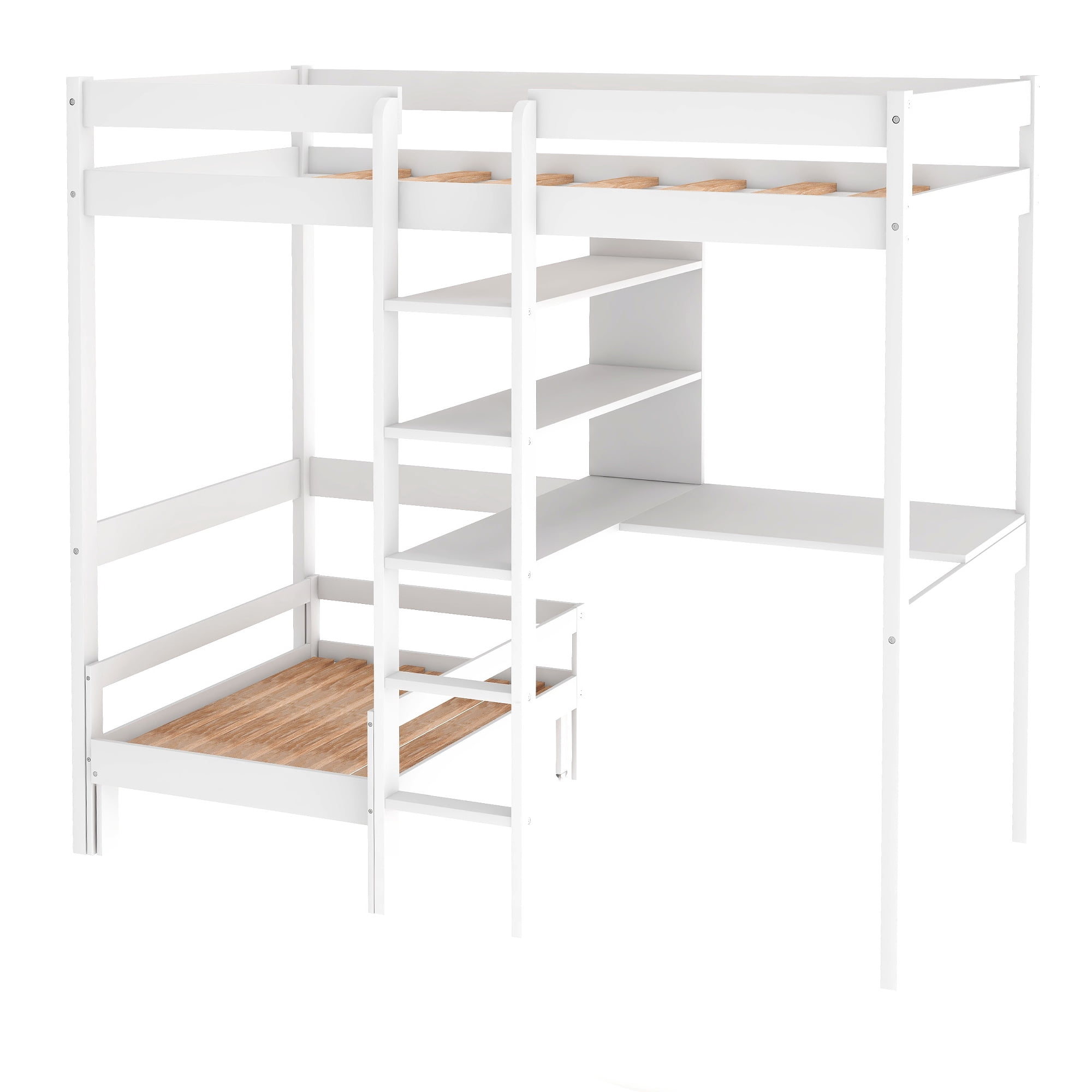 Private Jungle Twin Over Full Wood Folding Loft Bunk Bed w/Corner Desk, Convertible to Square Seat