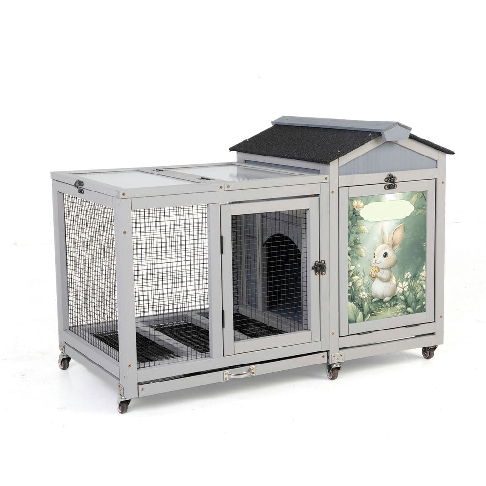 Resenkos Wooden Hutch, Weatherproof Pet Home With Wheels, Removable Tray, Rabbit, Duck, Squirrel, Guinea Pig Cage, Gray With Colorful Patterns
