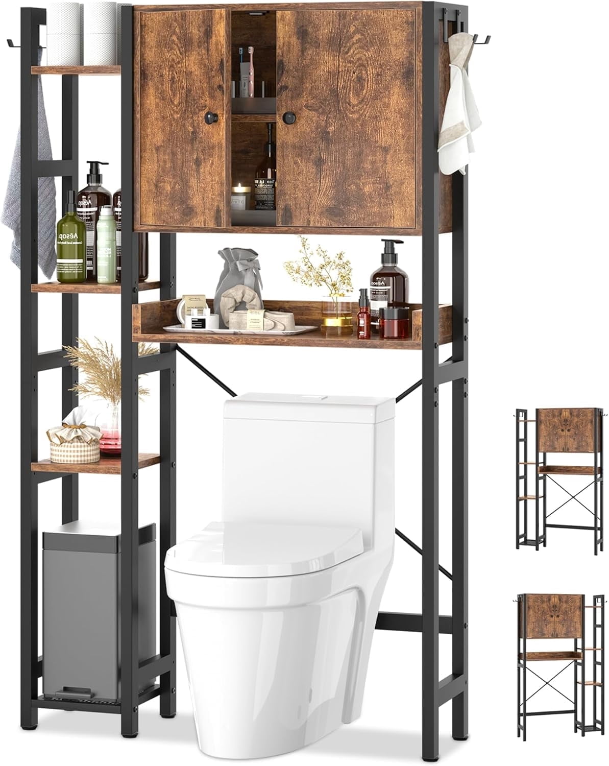 iSunirm Over The Toilet Storage Cabinet with Doors, 7 Tier Freestanding Bathroom Organizer with Adjustable Shelf & 4 Hooks for Bathroom, Restroom, Laundry, Rustic Brown